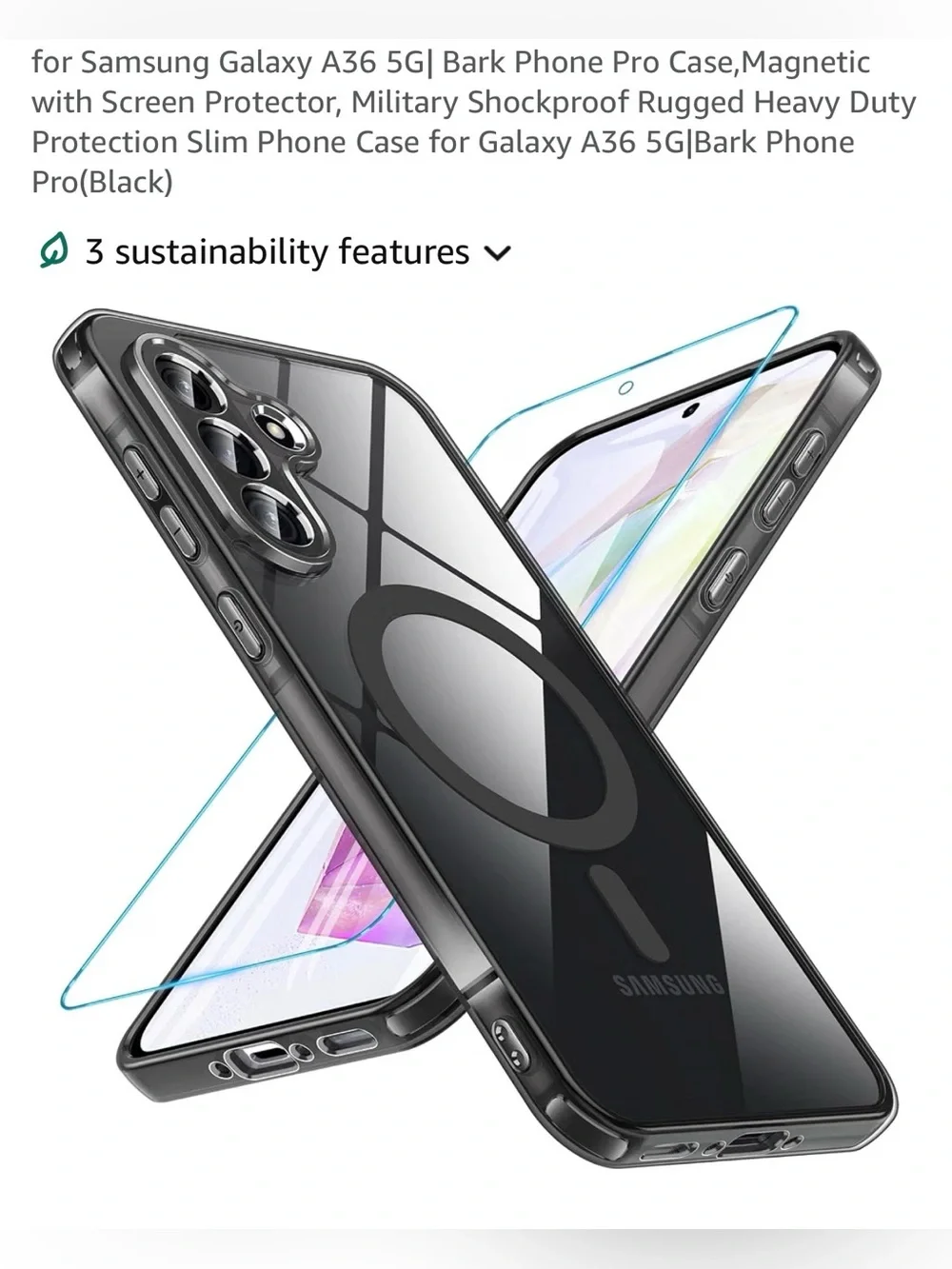 Samsung Galaxy A36 5G Black Clear Magnetic Ring Shockproof Case/Screen Protector